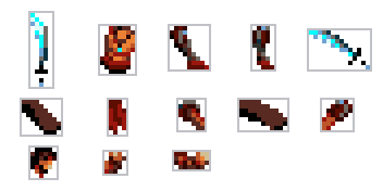 Thirteen small body parts of the Prince, each in its own outline